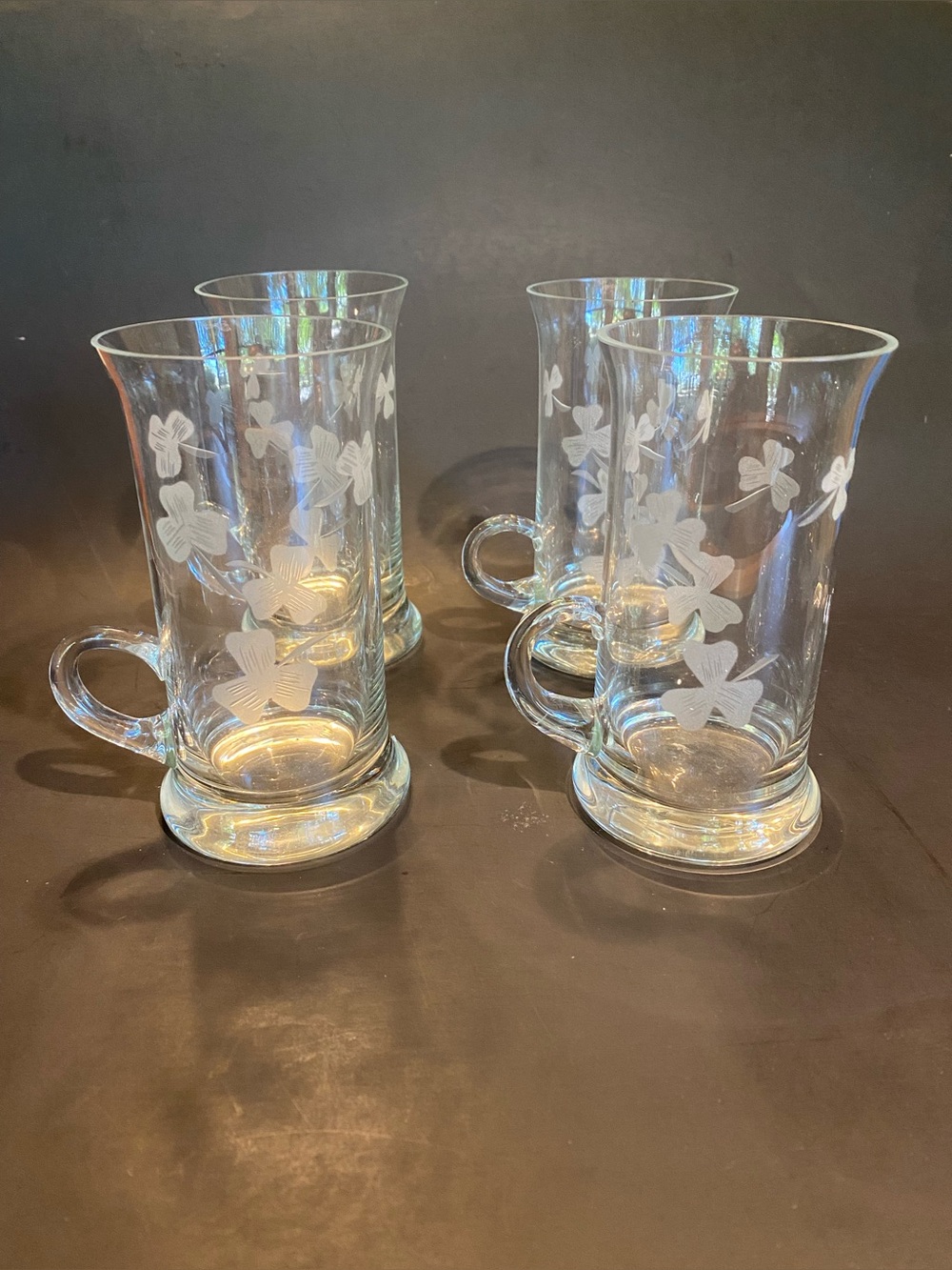 Vintage Shamrock Etched Irish Coffee Glasses Set of 4 Footed Pedestal Mugs